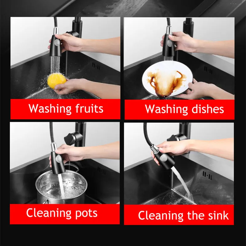 60cm Pull-out Kitchen Sink Faucet Single Hole Multifunction Hot And Cold Mixer Tap For Pure Water Midnight Black Stainless Steel