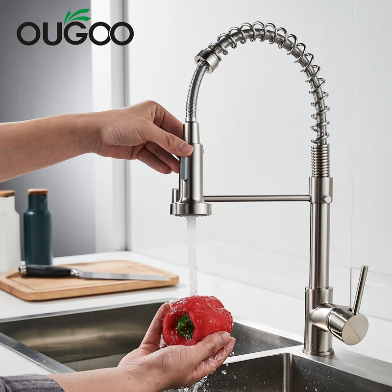 

OUGOO Brushed Spring Pull Down Kitchen Sink Faucet Hot & Cold Water Mixer Crane Tap with Dual Spout Deck Mounted