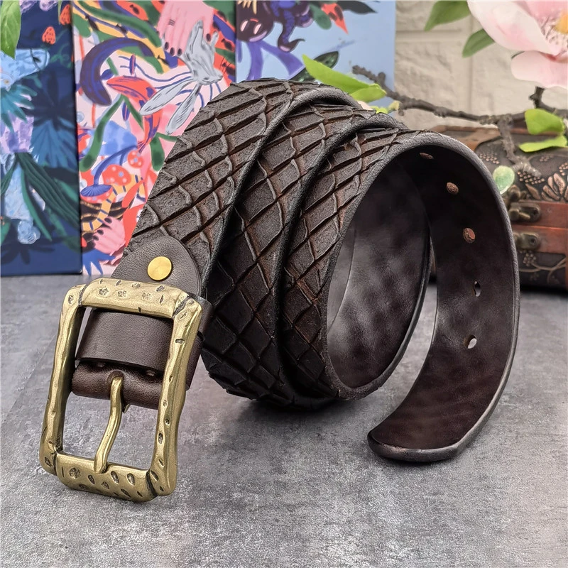 Hand Carving Luxury Double-Sided Use Leather Belt Men Ceinture Homme Thick Genuine Leather Belt Men Retro Brass Buckle MBT0606