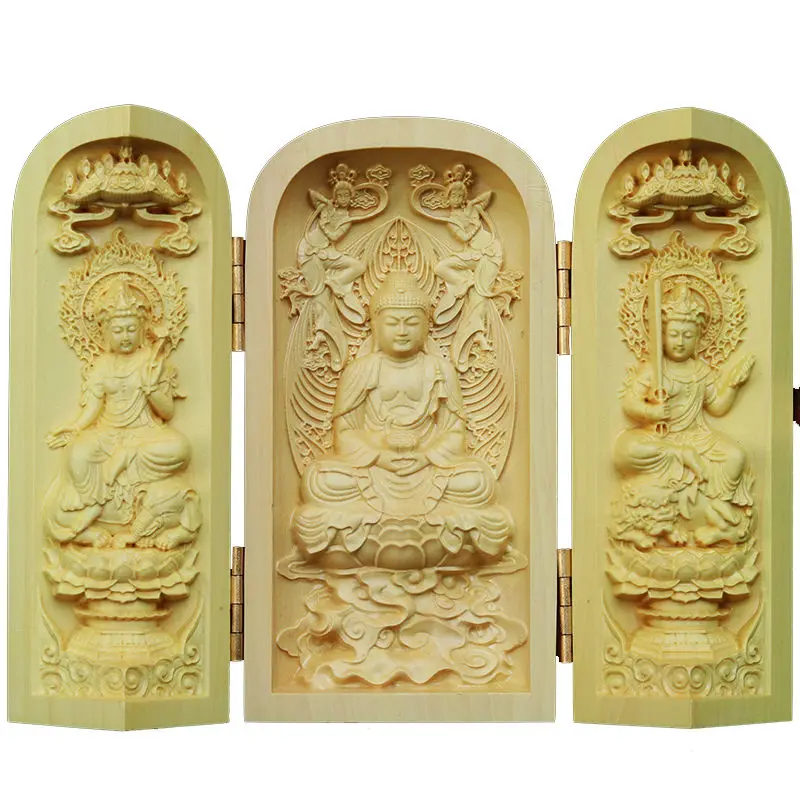 

Boxwood Woodcarving of Three Holy Opened Boxes, Carrying Buddhist Nails Enshrines Statues of Ksitigarbha King Guanyin