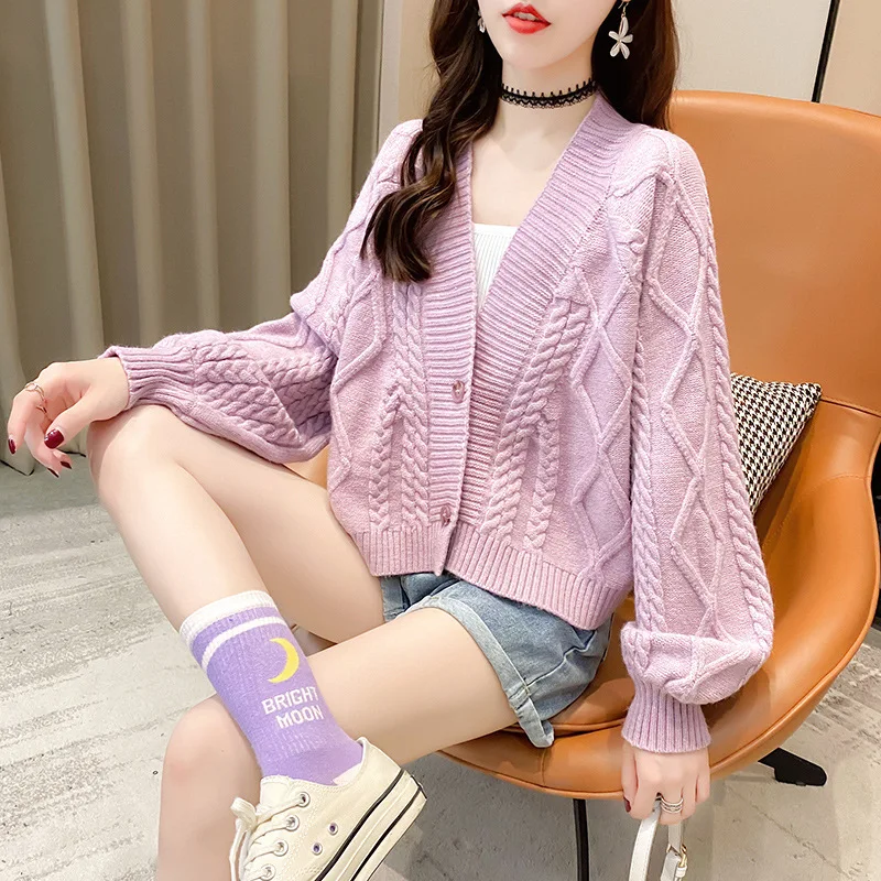 

Women Knitted Cardigans Sweater Fashion Autumn Long Sleeve Loose Coat Casual Button Thick V Neck Solid Female Tops 2021