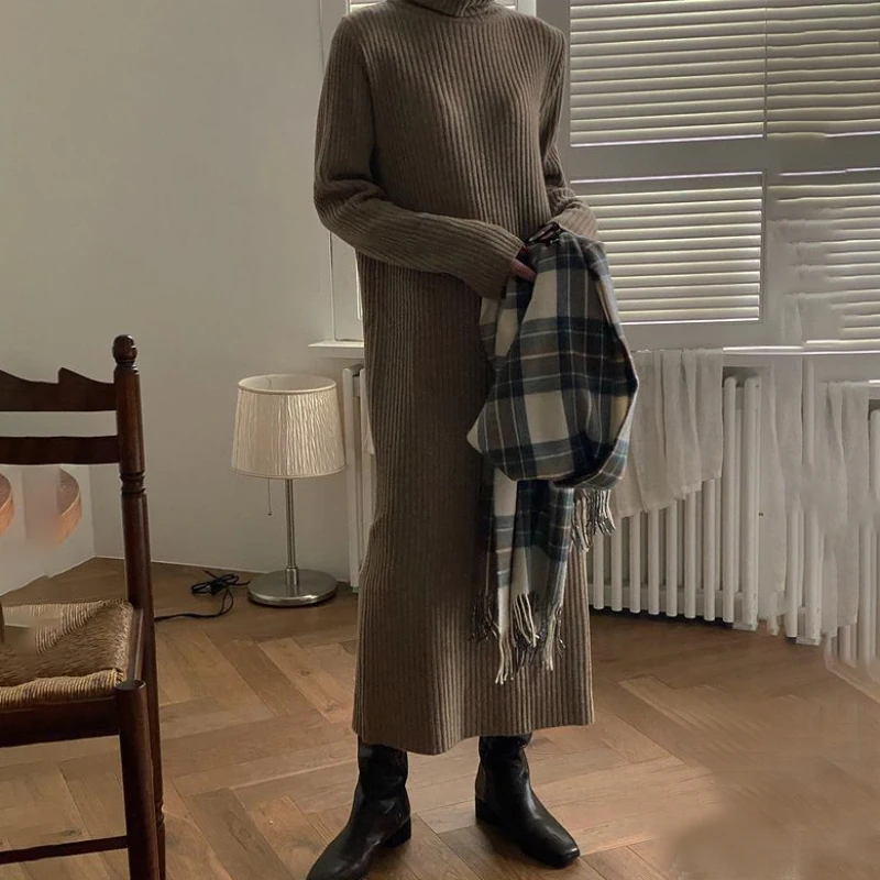 2022 Women Autumn Winter Turtle neck Knitted Long Sweater Dress Loose Basics Pullovers Jumper-Dresses