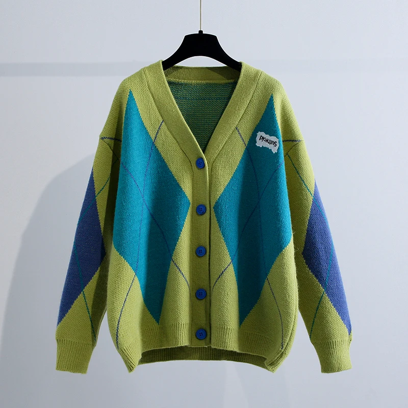 Vintage Patchwork  Plaid Check Sweater Warm Cardigan Women 2021 Winter Korean Casual Loose Outside Knitted Jumpers Outerwear