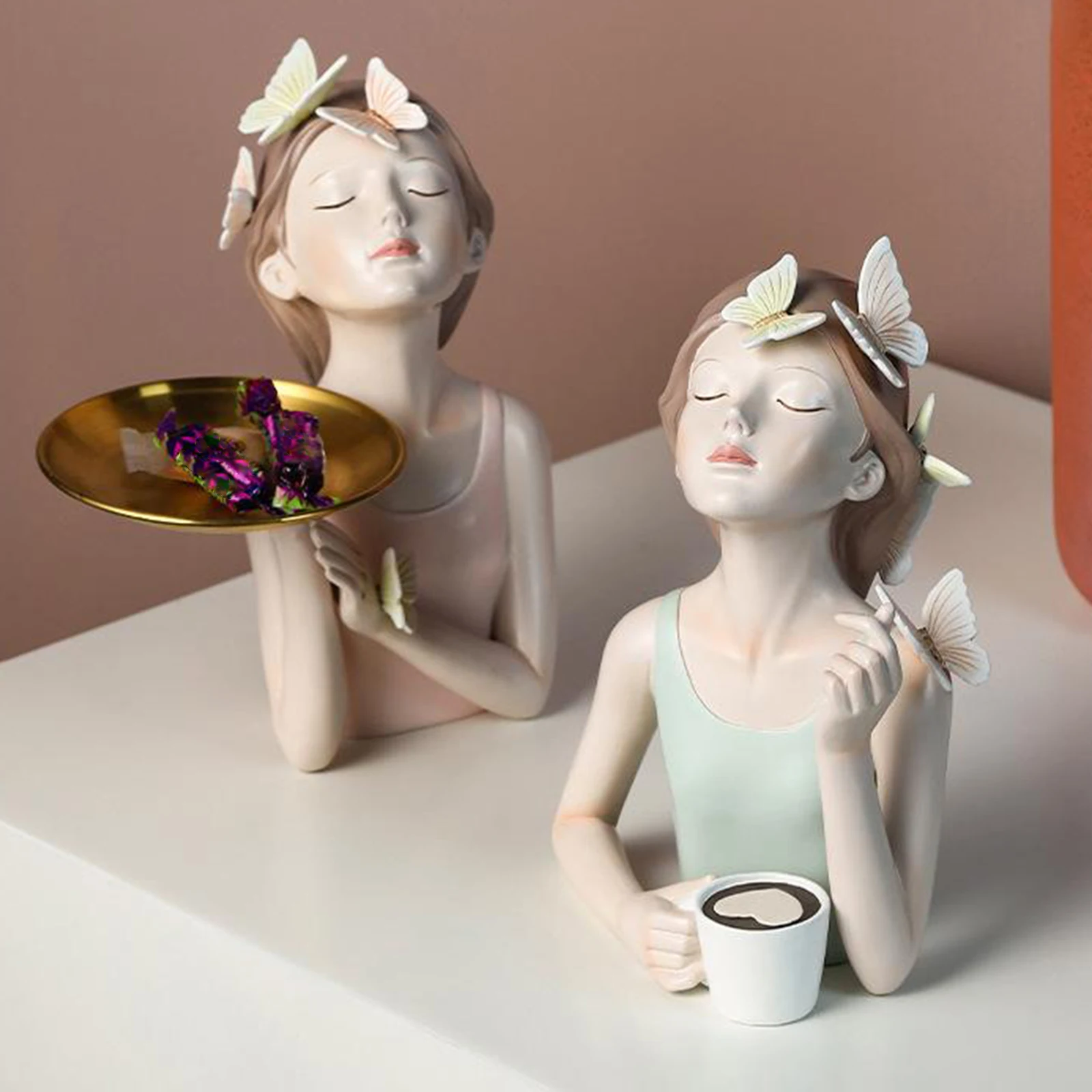 Butterfly Fairy Figures Girl Figurines Resin Tabletop Statues Creative Characters With Tray / Coffee Cup Home Decor Craft