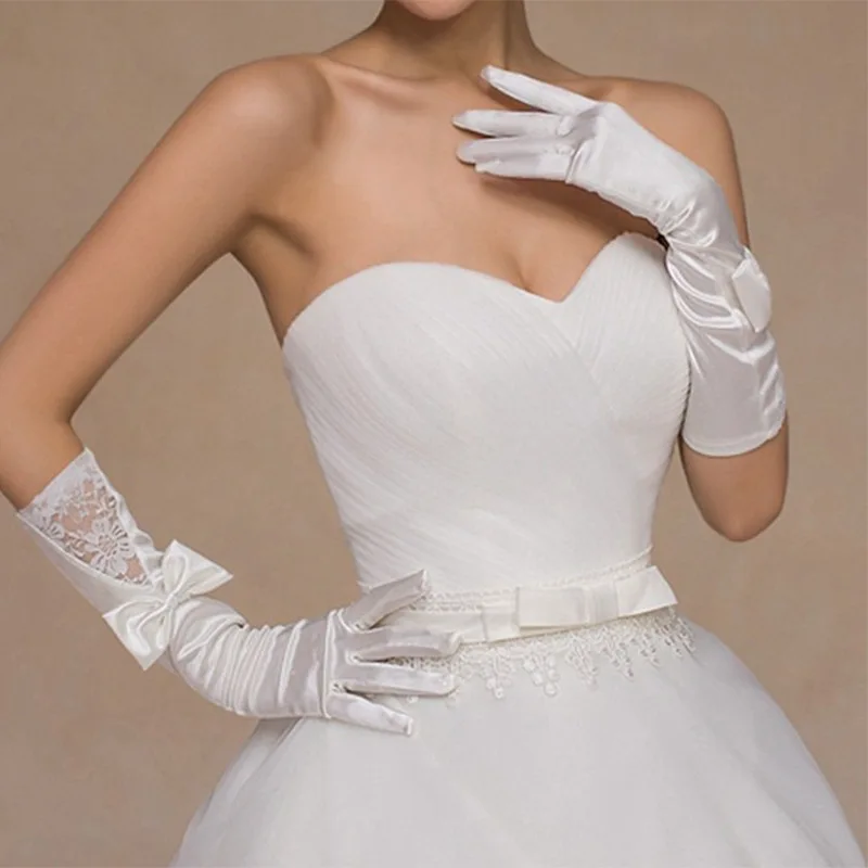 Guantes de boda con lazo, manoplas largas de color blanco, longitud hasta el codo