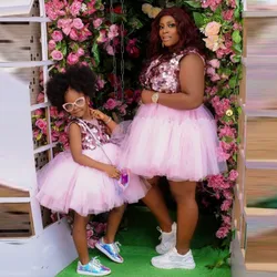 Glitter Mom And Daughter Photo Shoot Dresses Short   Mini Length Puffy Tulle Sequins V Neck Mother And Kids   Dressing Gowns