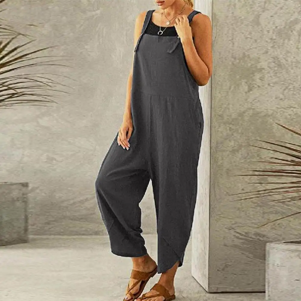 Summer New Women's Fashion Jumpsuit Solid Color Personality Sleeveless Loose Shoulder Strap Pocket Jumpsuit