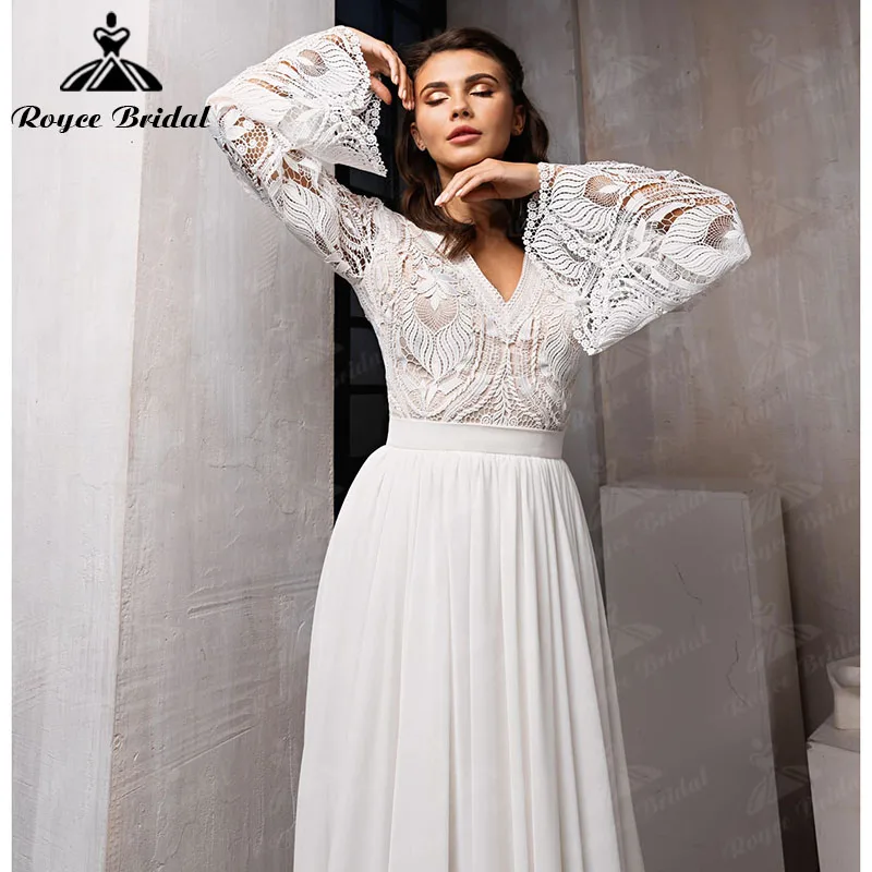 Bohemian Boho Two Pieces Wedding Dress with Detachable Skirt Lace Chiffon Long Flare Sleeve Backless V Neck Roycebridal 2022