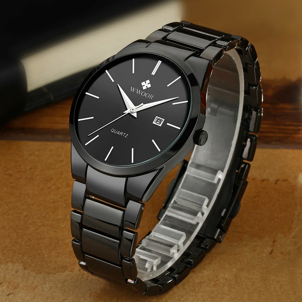 WWOOR New Top Brand Fashion Men Watch Full Black Watches For Men  Luxury Men Quartz Wristwatch Male Steel Belt Waterproof Watch