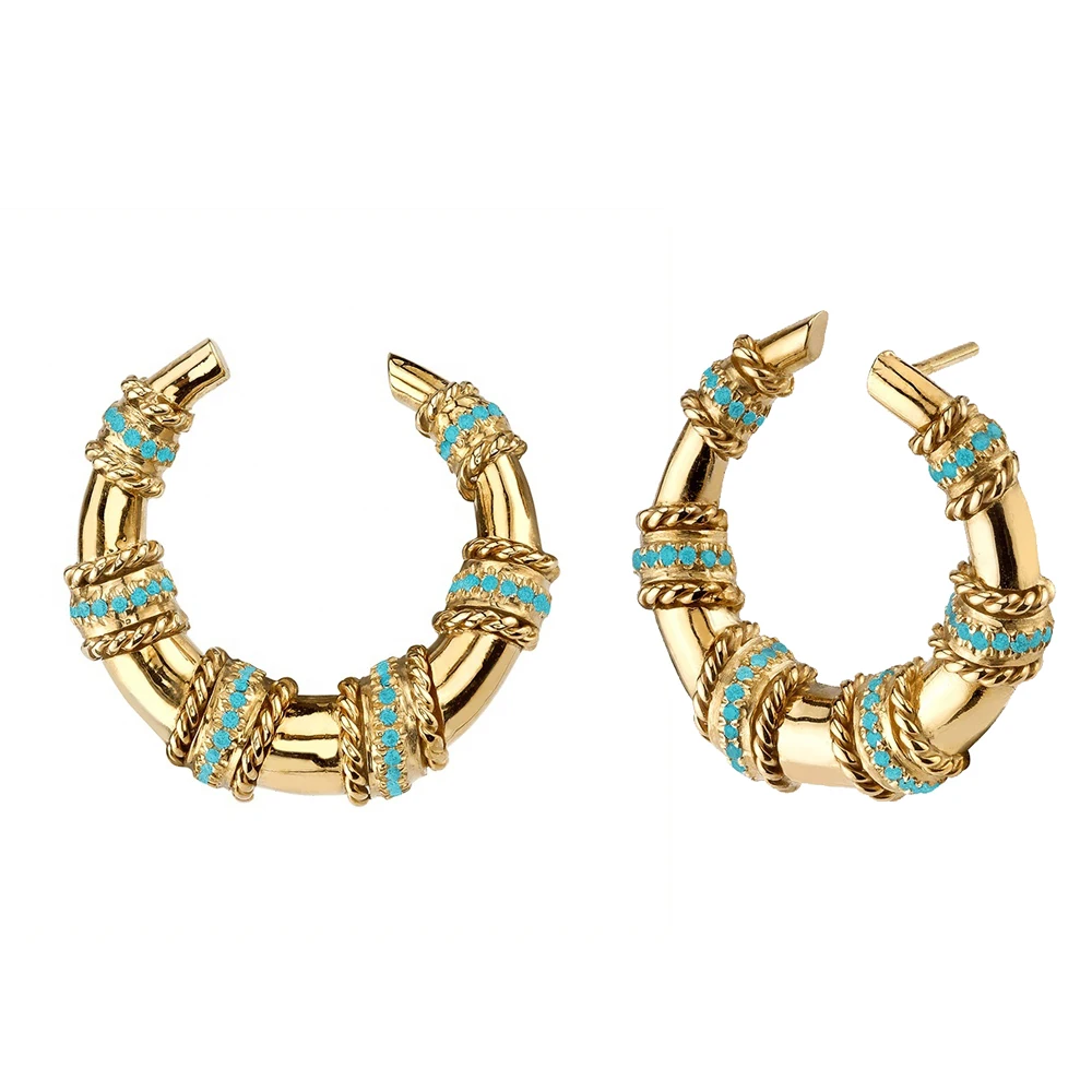 Gold color blue turquoises stone geometric round circle big horn crescent moon stud earring