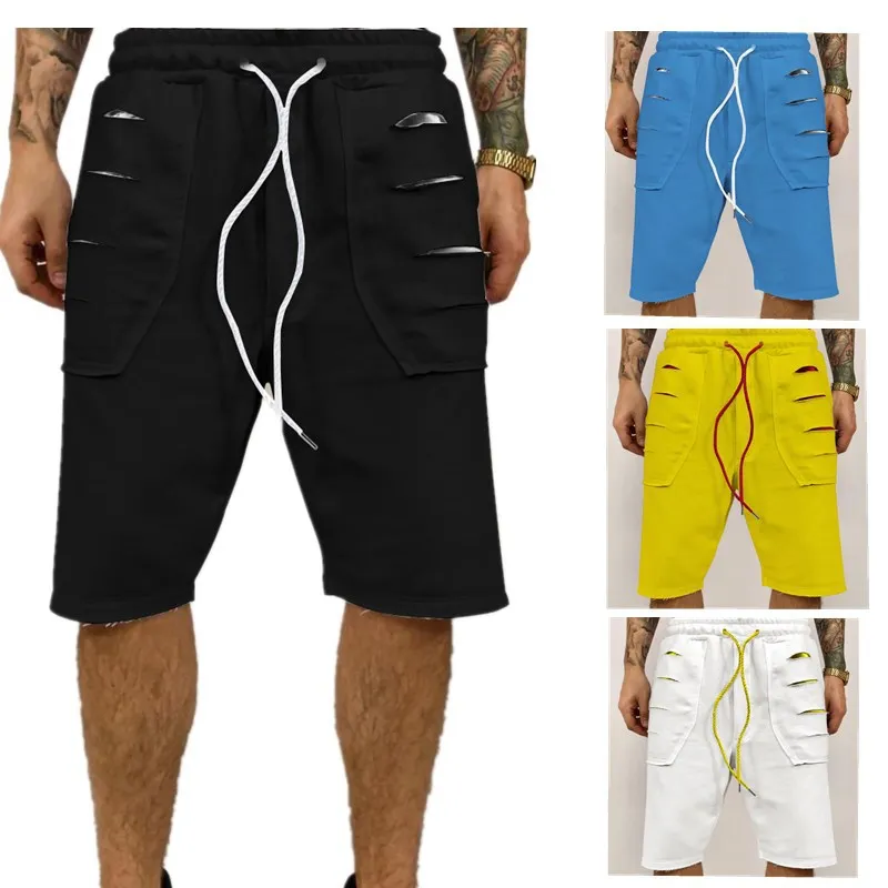 New Summer Men Casual Shorts Loose Sports Knee Length Short Pants Men BROKEN HOLE Streetwear Fitness Workout Shorts