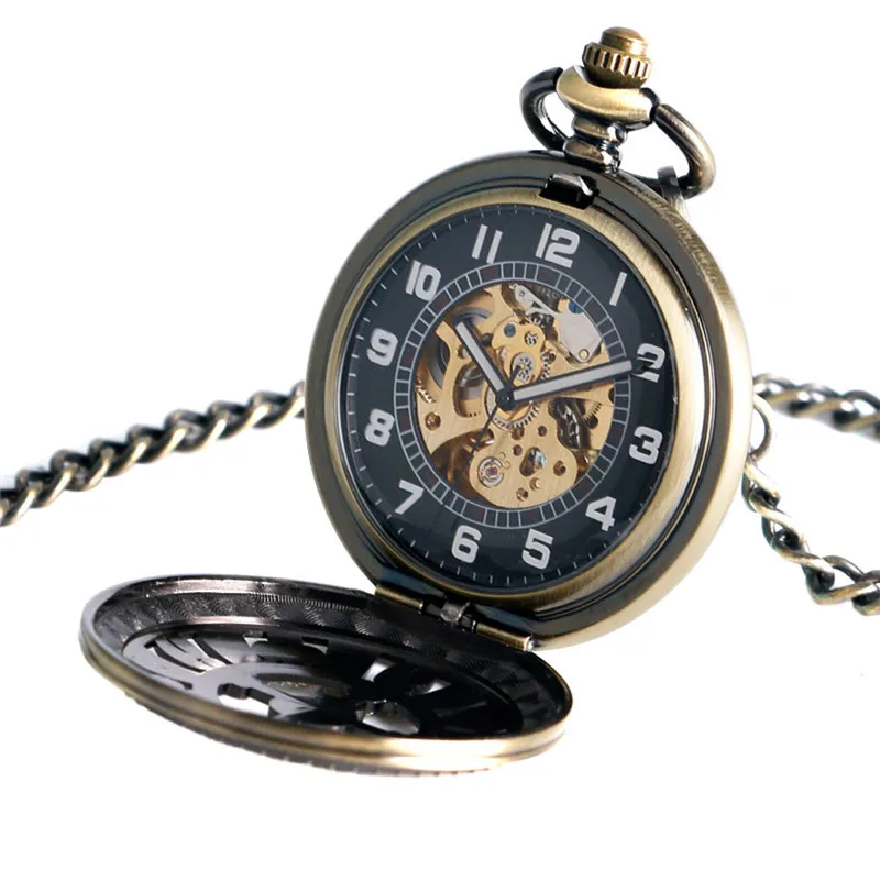 Vintage Bronze Poker Hollow Out Pocket Watch Men Women Automatic Mechanical Watches with Chain Skeleton Clock Pendant Chain Gift