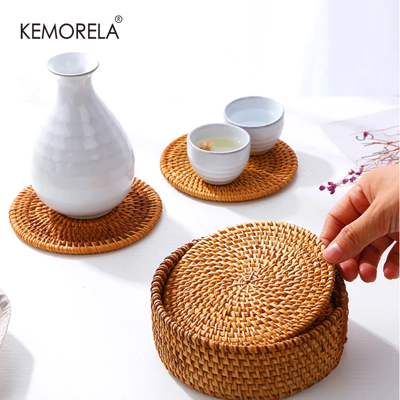 1PC Round Natural Rattan Coasters Bowl Pad Handmade Padding Cup Mats Insulation   Placemats Table Kitchen Decoration Accessories