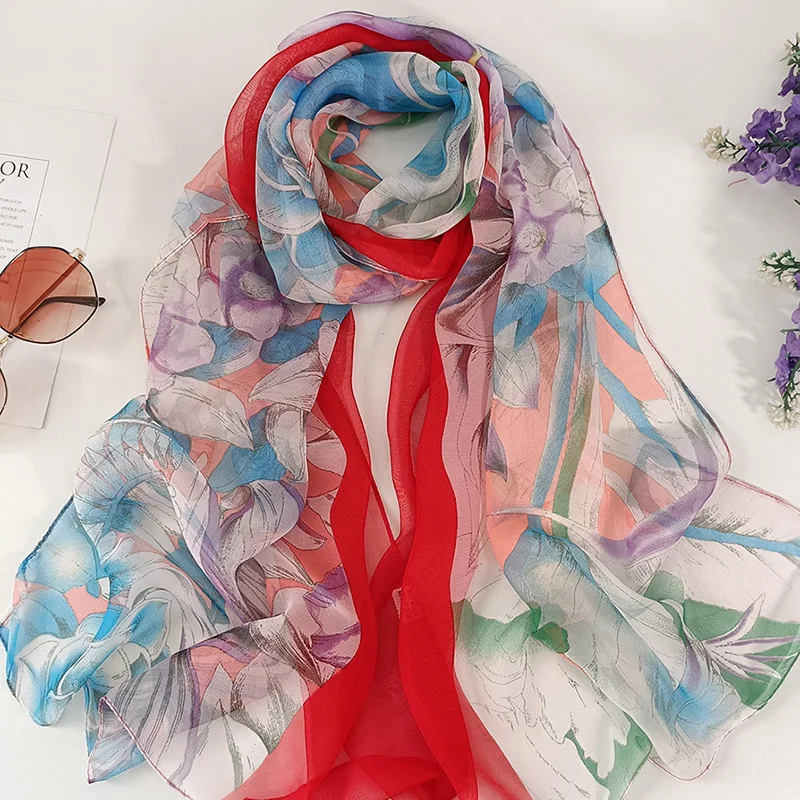 Women Foulard Bandana Elegant Gradient Color Life Tree Flower Chiffon Georgette Scarf Long Shawl Summer Multiple Colour