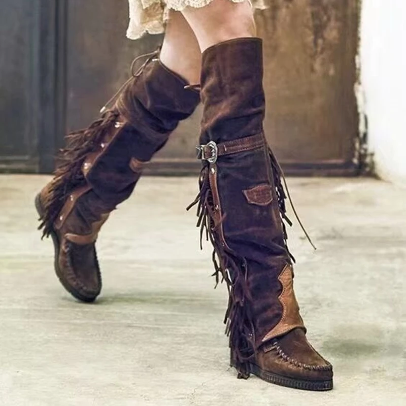 Suede Over The Knee Flat Boots Winter Sewing Thread Tassel Runway Shoes Round Toe Lace Up Belted Boots Warm Genuine Leather