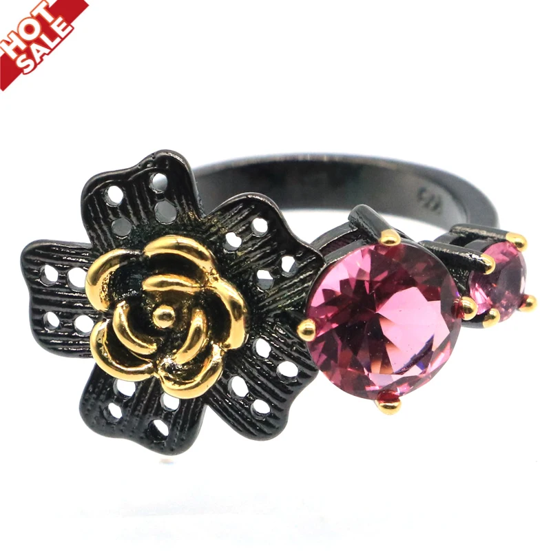 Buy 3 get 1 free 26x15mm Neo-Gothic Pink Tourmaline Pink Kunzite For Sister Cool Black Metal Silver Rings