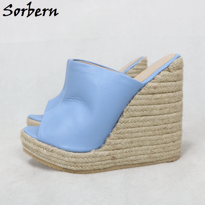 Sorbern Sky Blue Women Slippers Rope Wrapped Open Toe Wedge Slides Ladies Unisex Style Slip On Womens Heels Custom Multi Colors