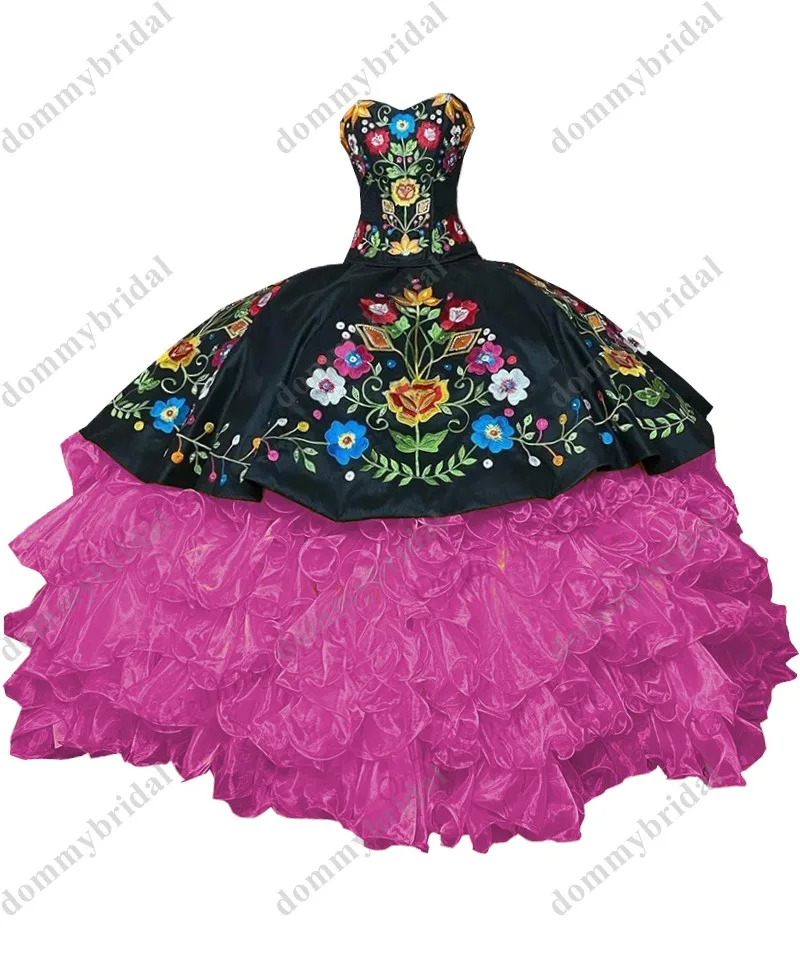 Gaun Pesta Formal Vestido De Sweet Hitam Kuning Menakjubkan Gaun Pesta 15 16 XV Anos 2023 Quinceanera Bordir Bunga Ruched