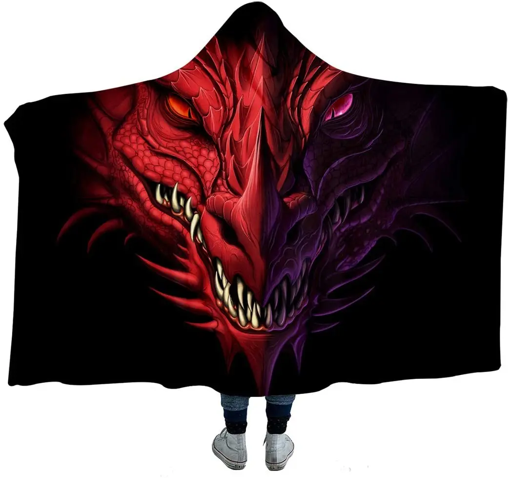 Red Purple Dragon Hoodie Blanket Plush Ultra Soft Plush Sherpa Lined Throw Blanket Boys Cloak Wearable Blankets Fleece Hooded