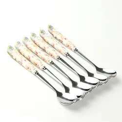 Stainless Steel Coffee Spoon Set, Teaware, Teaspoon with Ceramic Handle, Flower Tea Teaware Accessory, 6PCs