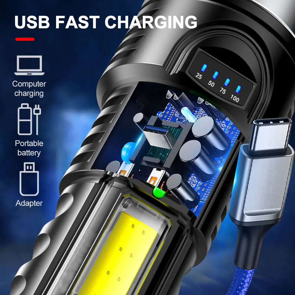 Outdoor Multi-function Flashlight USB Rechargeable Torch 4 Modes Tactical Lamp with Side Light LED Light for Camping Hiking