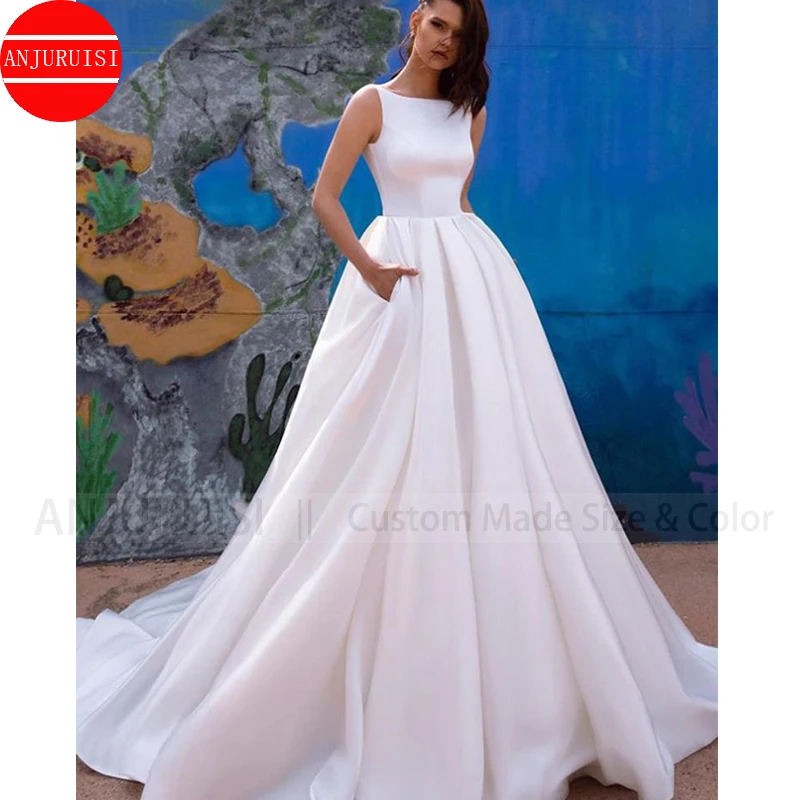 Brush Train Wedding Dress Simple Vestido De Novia 2022 Satin Bride Gown Robe Mariage Boda Trouwjurk Cheap With Pockets