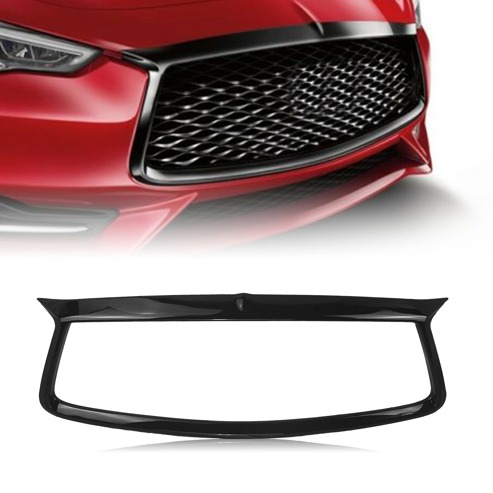 

For Infiniti Q60 Coupe 2017-2021 Front Grille Grill Trim Glossy Black Add On Car Bumper Hood Mesh Cover Overlay Frame Strip Rim