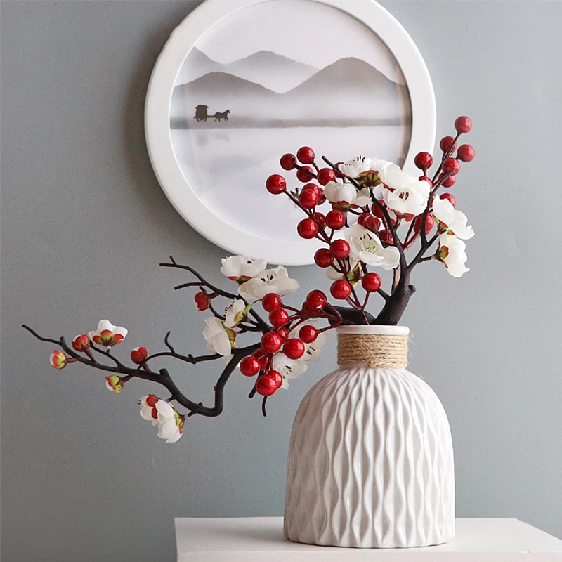 Cherry Red Plum Blossom Silk Artificial Flowers Plastic Branch for Wedding Home decor interior Decoration Foam Berry Fake Flower