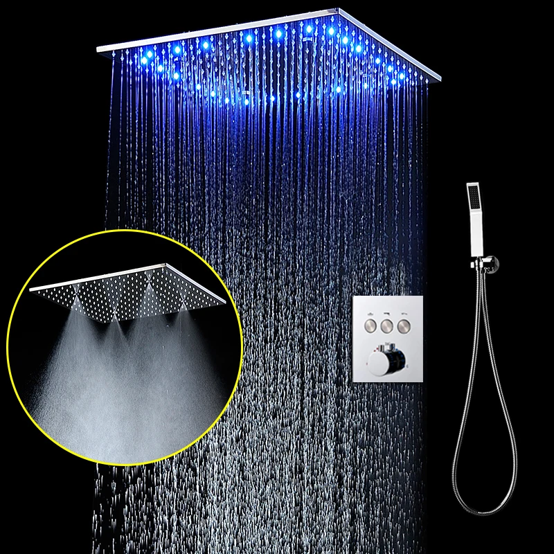 500mm Bathroom faucets rain mist ceiling mounted shower head set thermostatic button 3 ways mixing valve led bath hand shower