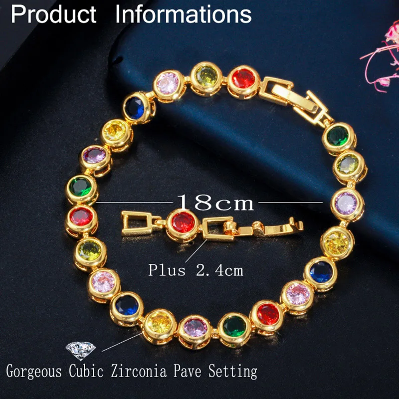 Pera Multicolor Red Cubic Zirconia Yellow Gold Color Round Big Women Tennis Chain Bracelets for Daily Party Prom Jewelry B155