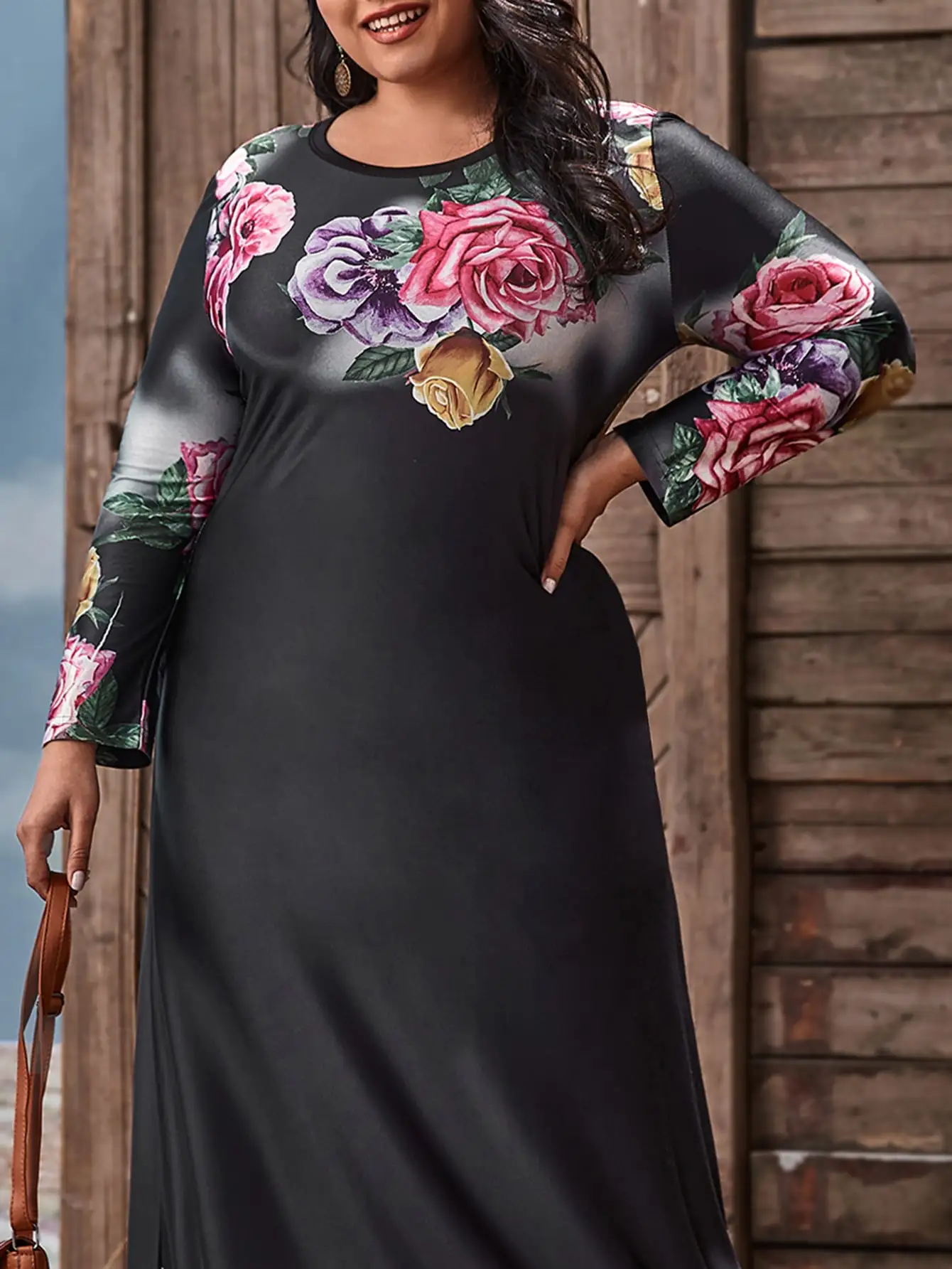 Autumn Winter Dress Women Long Sleeve Rose Floral Print Casual Dress Black Maxi Long Dresses Plus Size Women Clothing