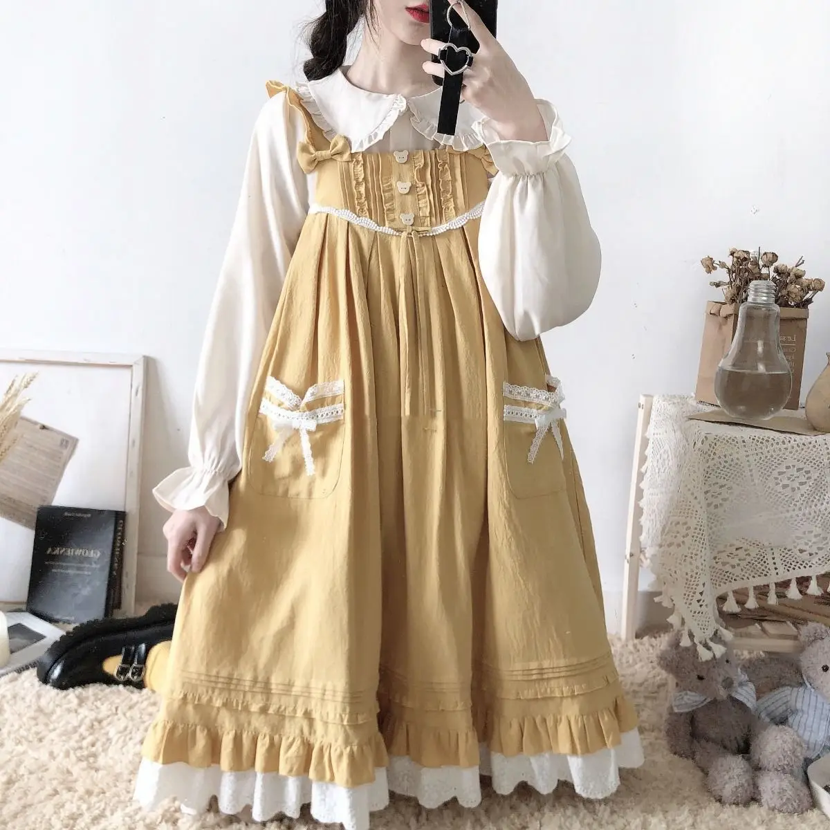 Peter Pan Kragen Süßes Hemd Frauen Lolita Japanische Kawaii Bluse Puff Langarm Elegante Weiße Weibliche Top Grundlegende Schule Shirts – Detail 7