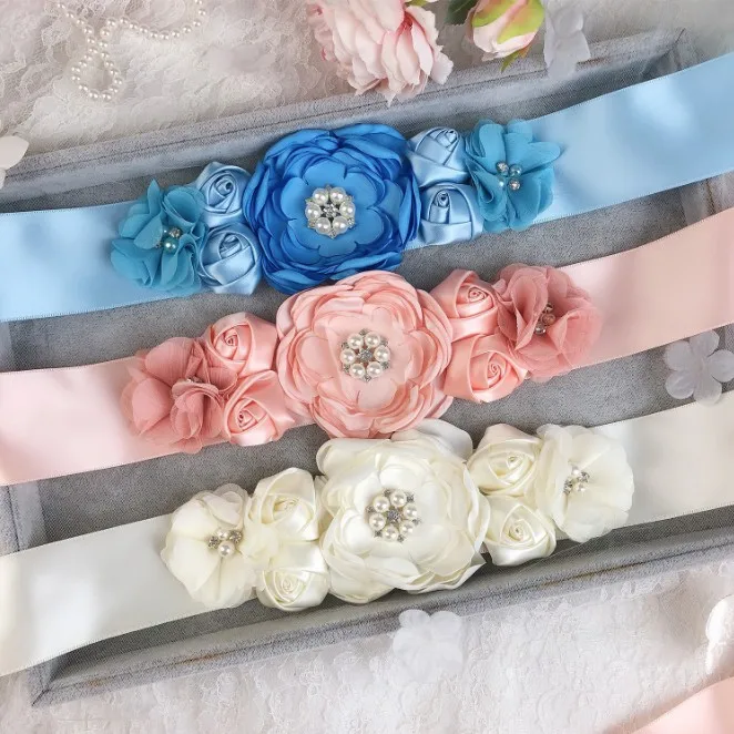 Womens Peach Blue Green Flower Sash Rhinestone Beaded Waistband Bridal Ribbon Cummerbunds Wedding Dress Waist Belt 7 Colors