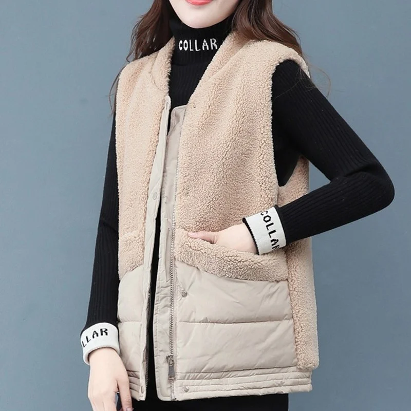 Loose Casual Fit Brand New Womens Sleeveless Vests Winter Faux Lambwool Patchwork Cotton Lining Warm Female Outerwear Waistcoats