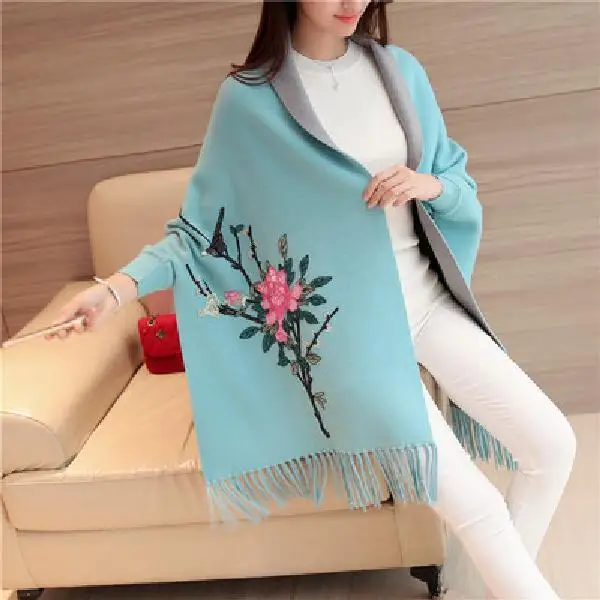 Sweater Women 2023 autumn and winter new embroidery scarf shawl langer with sleeves outside the tent wild bat coat female