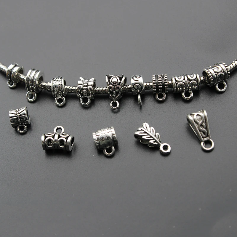 30Pcs Antique Silver Charm Bail Beads Spacer Beads Pendant Clips Pendants Clasps Connectors For Bracelet Necklace Jewelry Making