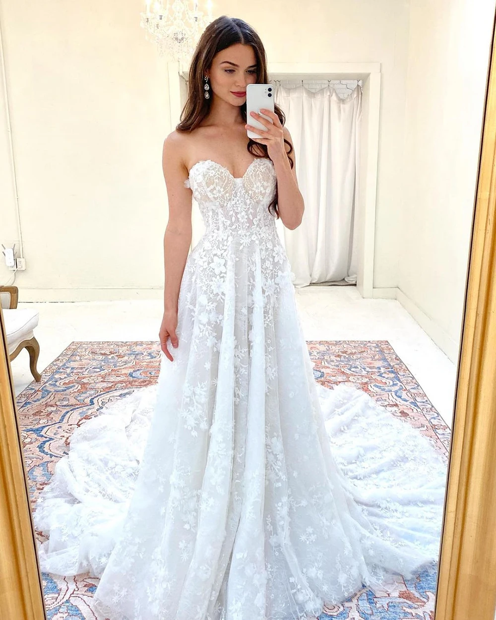 Sevintage – robe de mariée en dentelle style Boho, épaules dénudées, fleurs 3D appliquées, coupe trapèze