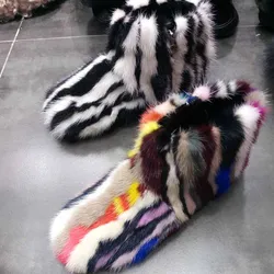 Eskimo ciepły w paski norek buty śniegowe futrzane kobieta Multicolor Patchwork pani gruba podeszwa zimowe futrzane botki prawdziwe futro krótkie buty