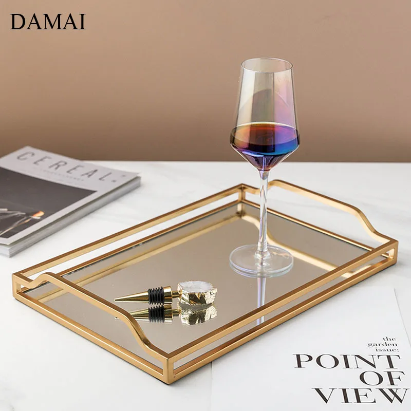 Luxurious Golden Glass Mirror Trays Decorative Gilded Hollowation Bar Wine Set Display Serving Tray Home Living Room Decoration