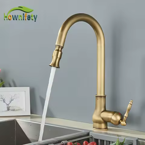 Antique Brass Europe Kitchen Faucet Deck Mount Free Rotation Pull Out Soft Water Wash Hot Cold Mixer Crane Taps