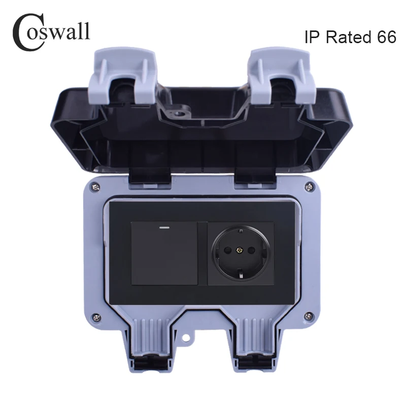 Coswall IP66 Weatherproof Waterproof Outdoor Wall Power Socket 16A EU Standard Outlet With 1 Gang 1 Way On / Off Light Switch