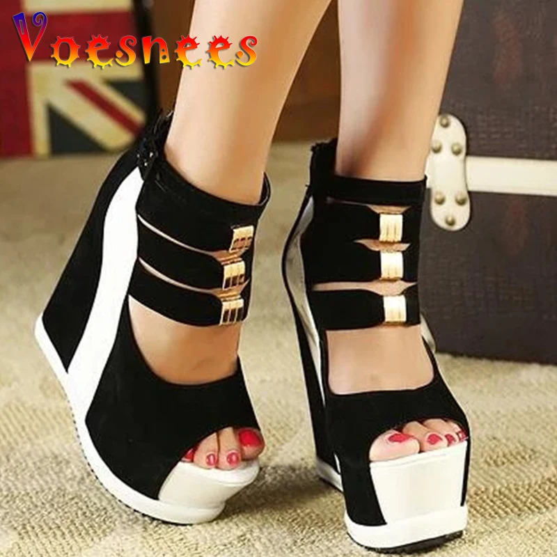 Woman Shoes 2021 Summer Genuine Women Platform Thick Soles Sandals Wedges High heel 14.5cm Peep Toe Mixed Colors SexyShoes