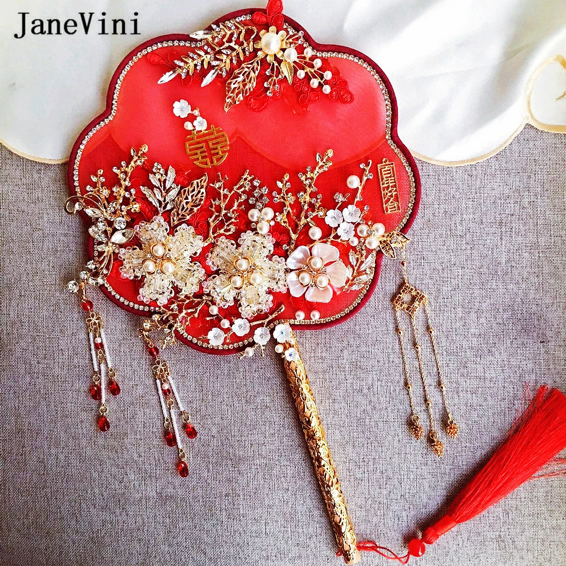 

JaneVini Luxury Beading Chinese Red Appliques Bridal Bouquets Fan Artificial 3D Flowers Pearls Metal Wedding Jewelry Accessories