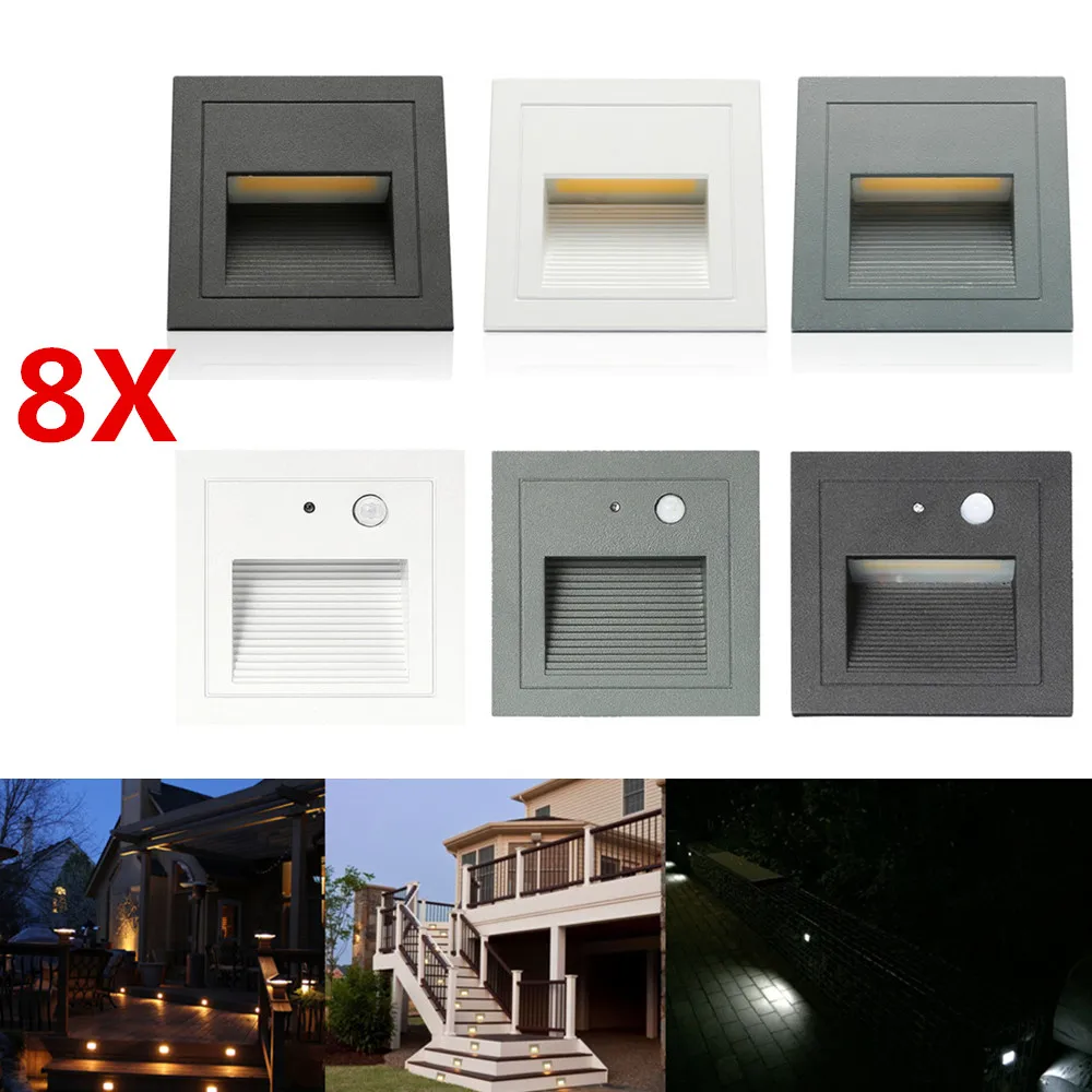 

8X Outdoor 3W 85-265V Wall Plinth Staircase Step Light Corridor Corner Lamp Aluminum Recessed Footlight Deck Lights+Embedded Box