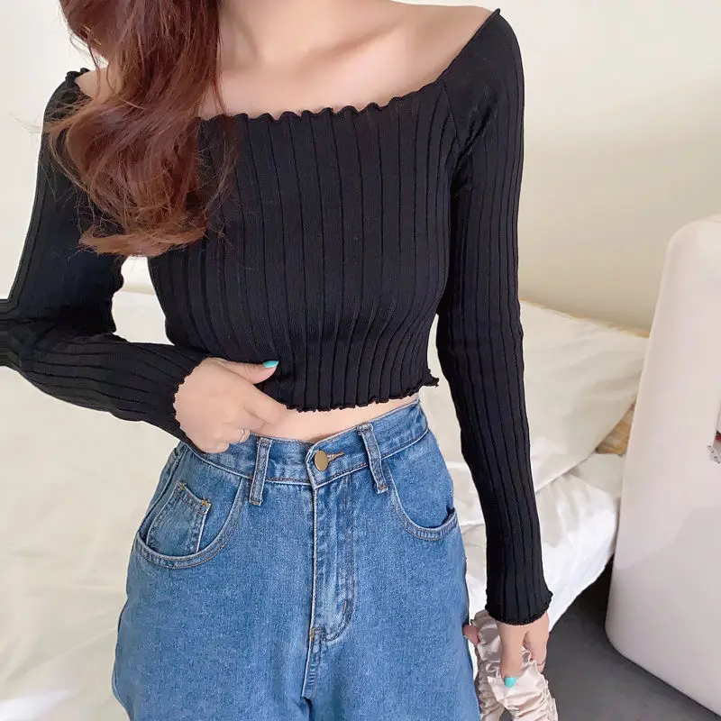 off-Shoulder Short Bare Midriff Slim Fit Knitted Women\'s Striped Top Woman Sweaters Femme Chandails Pull Hiver