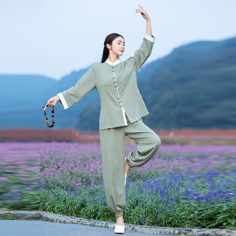 Chapel Tai imbibé de coton et de lin pour femmes, vêtements de thé du Vermont, vêtements de yoga acrobatiques, vêtements Kungfu deux pièces, printemps et automne, nouveau