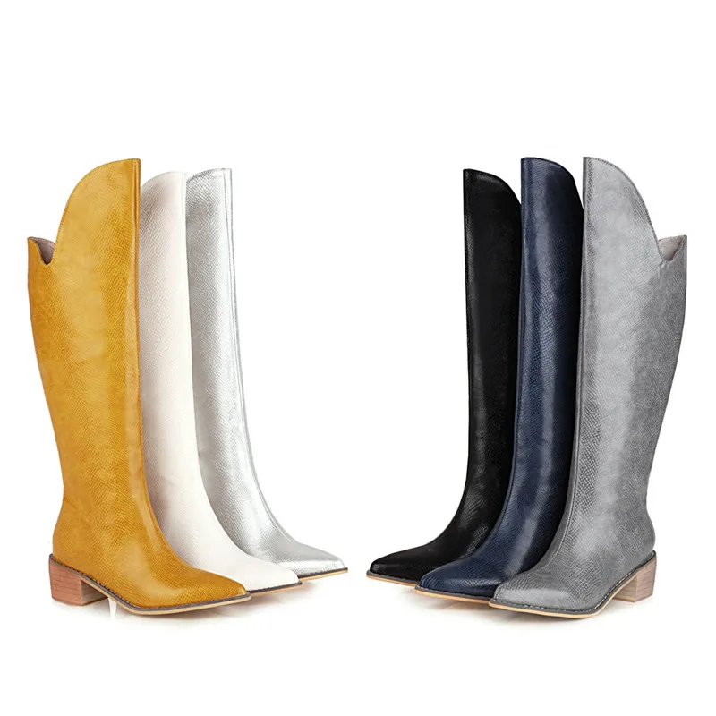 YMECHIC 6 Color Snakeskin Faux Leather Plus Size Chunky Heels Pointed Toe Western Long Knee High Boots Yellow Blue Women Shoes