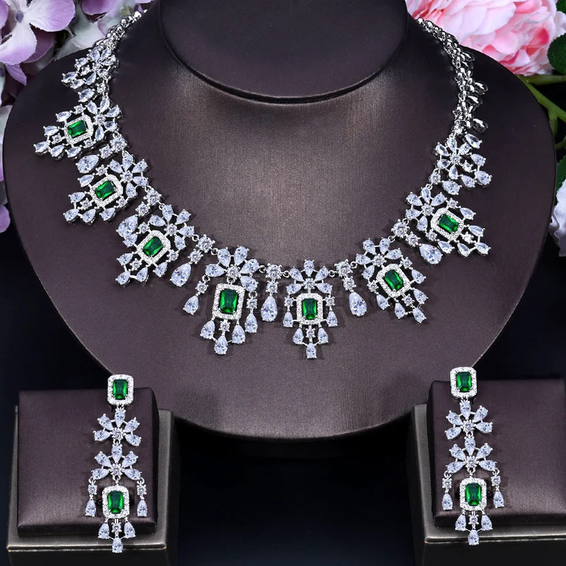 ANGELCZ Exclusive Dubai Bridal Costume Jewelry Set for Women Yellow Cubic Zirconia Tassel Square Drop Necklace Earrings AJ199