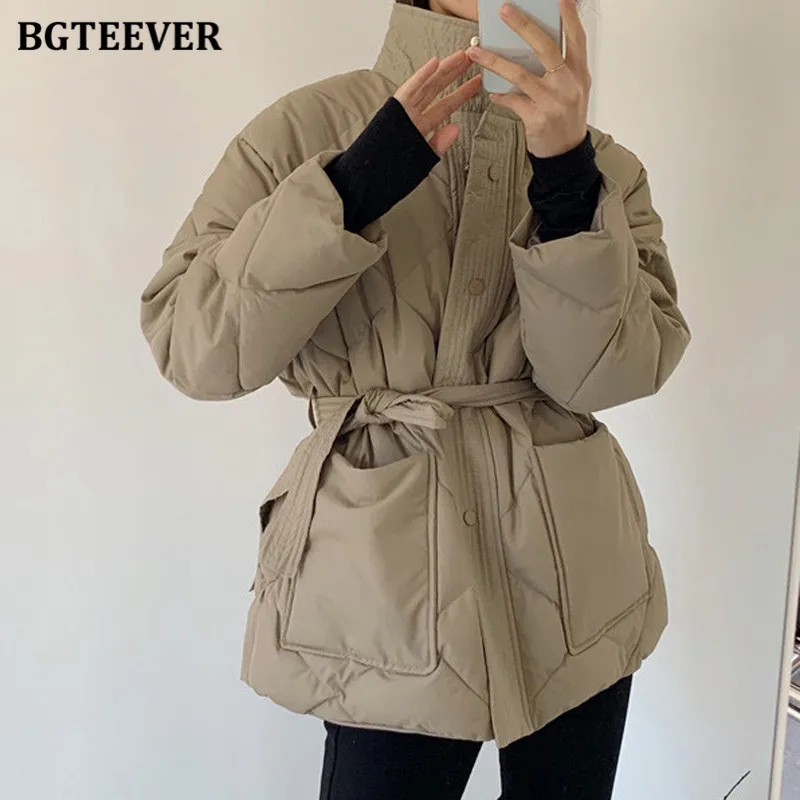 BGTEEVER Winter Thick Cotton Padded Coats Women Single-breasted Zippers Lace-up Female Parkas Stand Collar Female Jackets