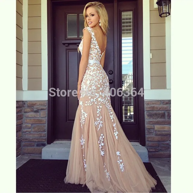 Real Photo Champagne Tulle Mermaid Avondjurk Sexy Open Back Floor Lengte Prom Jurk Met Applicaties 2019 Nieuwe Robe De soiree